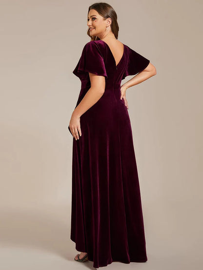 Wholesa Double V-Neck Short Sleeves Stretchy Velvet Evening Dress with Lotus Leaf Hem