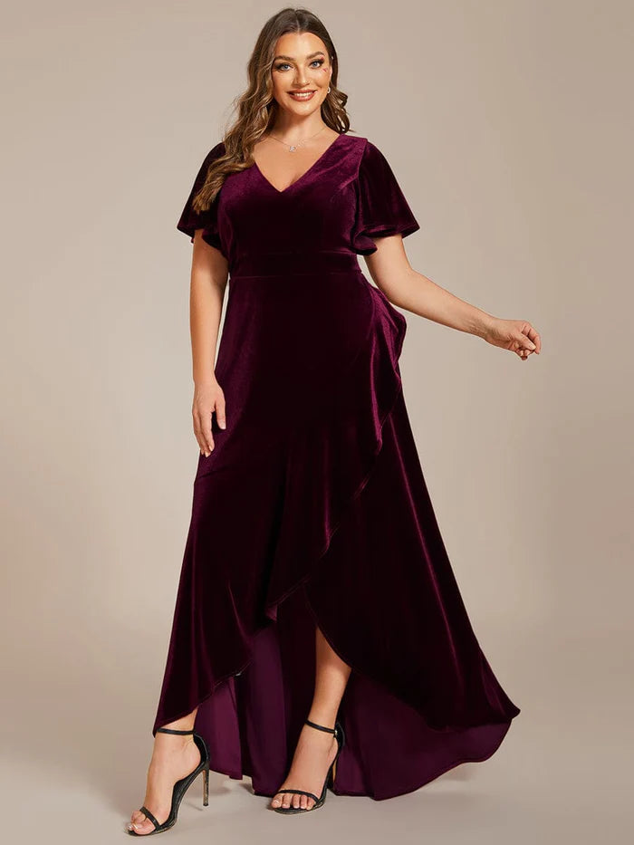 Wholesa Plus Size High-Low A-Line Velvet Evening Dress