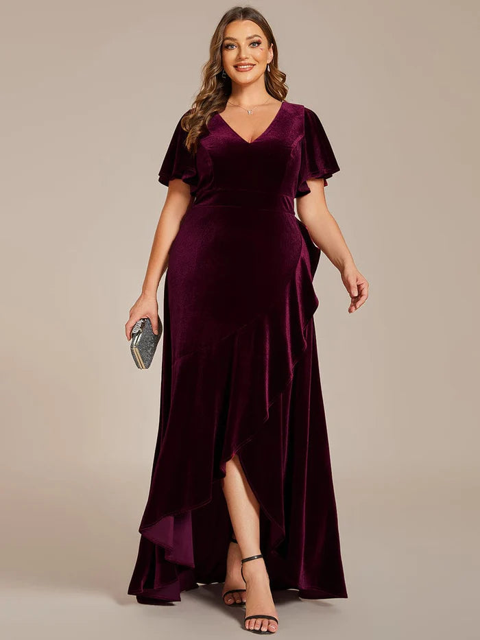 Wholesa Double V-Neck Short Sleeves Stretchy Velvet Evening Dress with Lotus Leaf Hem