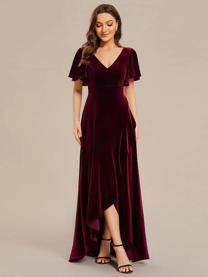 Wholesa Double V-Neck Short Sleeves Stretchy Velvet Evening Dress with Lotus Leaf Hem