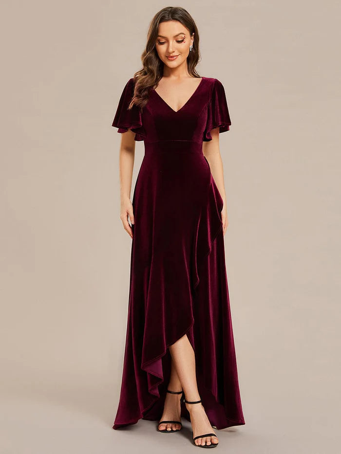 Wholesa Elegant Double V-Neck Short Sleeves Velvet Evening Dress