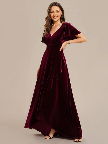 Wholesa Double V-Neck Short Sleeves Stretchy Velvet Evening Dress with Lotus Leaf Hem