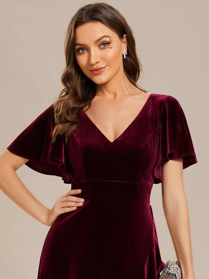 Wholesa Elegant Double V-Neck Short Sleeves Velvet Evening Dress