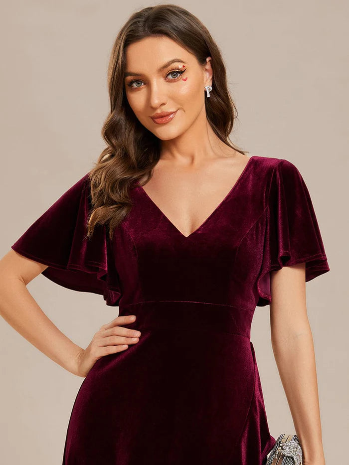 Wholesa Double V-Neck Short Sleeves Stretchy Velvet Evening Dress with Lotus Leaf Hem