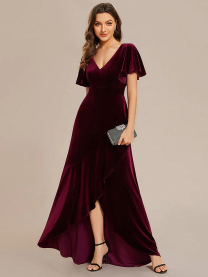 Wholesa Double V-Neck Short Sleeves Stretchy Velvet Evening Dress with Lotus Leaf Hem