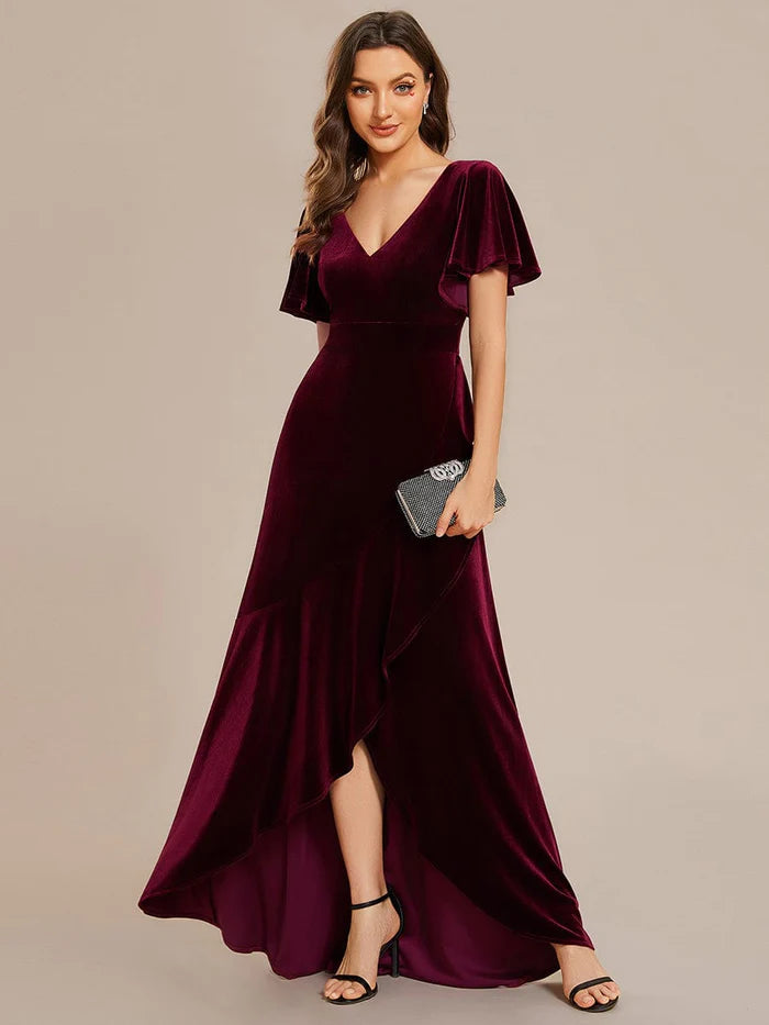 Wholesa Elegant Double V-Neck Short Sleeves Velvet Evening Dress