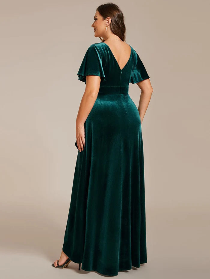 Wholesa Plus Size High-Low A-Line Velvet Evening Dress