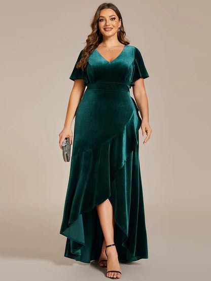 Wholesa Plus Size High-Low A-Line Velvet Evening Dress