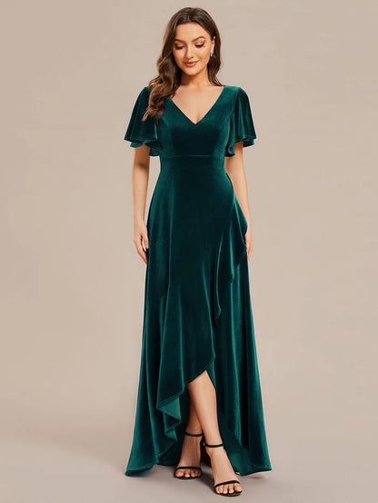 Wholesa Double V-Neck Short Sleeves Stretchy Velvet Evening Dress with Lotus Leaf Hem