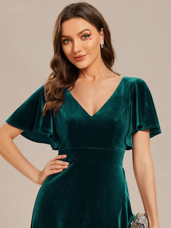 Wholesa Double V-Neck Short Sleeves Stretchy Velvet Evening Dress with Lotus Leaf Hem