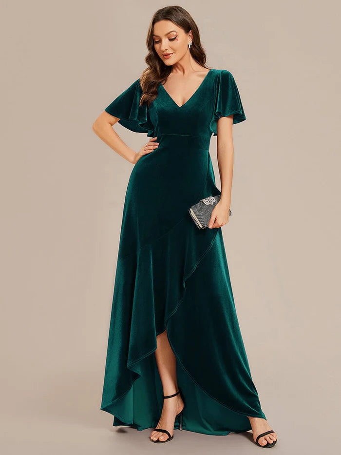 Wholesa Elegant Double V-Neck Short Sleeves Velvet Evening Dress