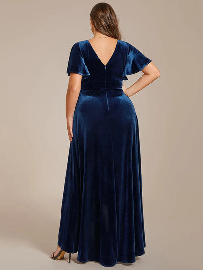 Wholesa Plus Size High-Low A-Line Velvet Evening Dress