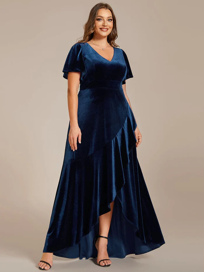 Wholesa Plus Size High-Low A-Line Velvet Evening Dress