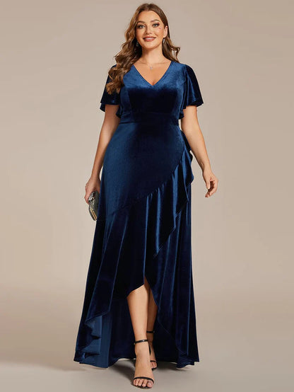 Wholesa Plus Size High-Low A-Line Velvet Evening Dress