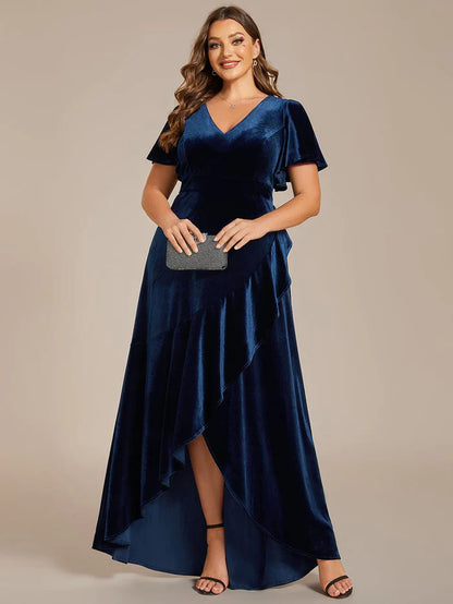 Wholesa Plus Size High-Low A-Line Velvet Evening Dress