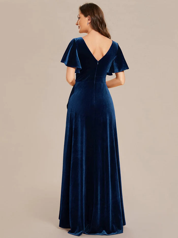 Wholesa Elegant Double V-Neck Short Sleeves Velvet Evening Dress