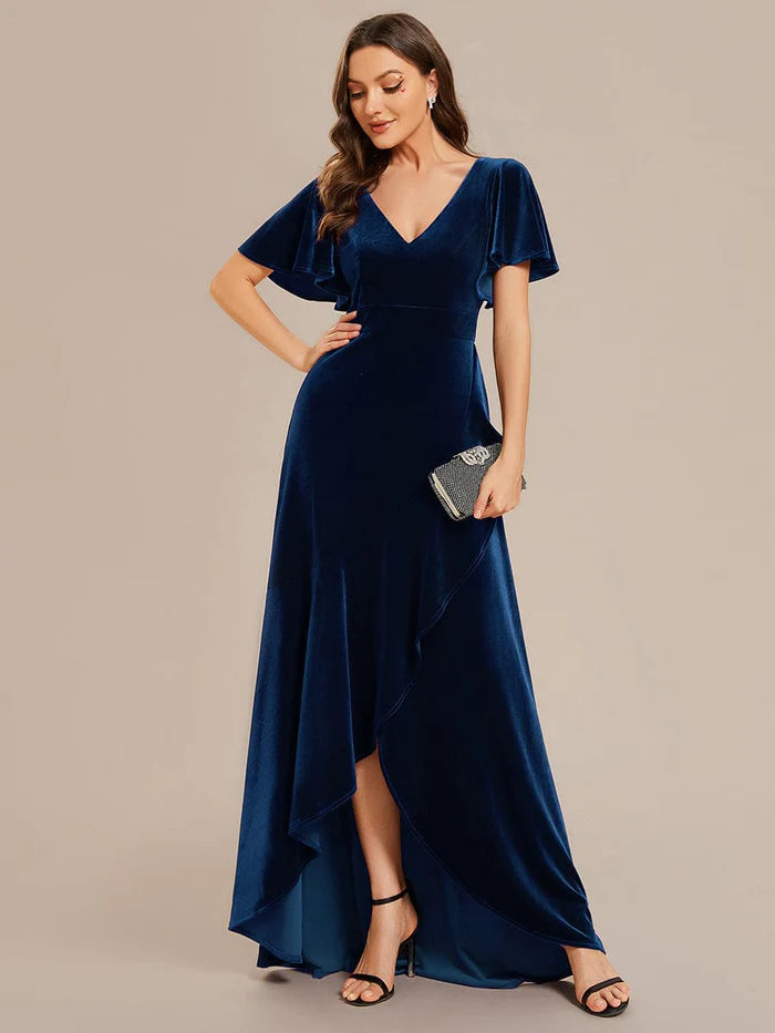 Wholesa Elegant Double V-Neck Short Sleeves Velvet Evening Dress