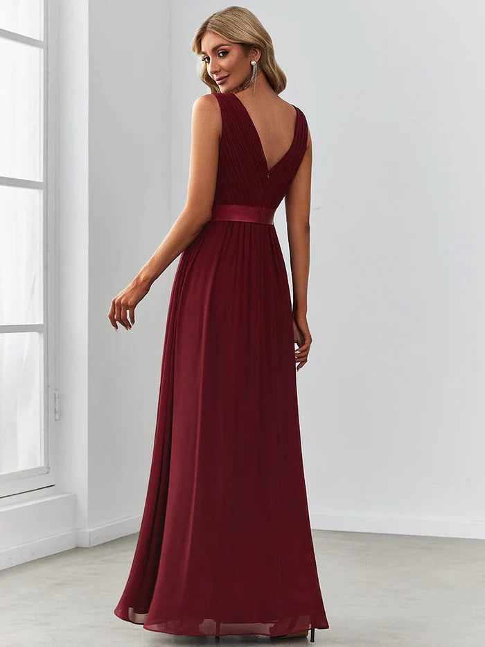 Wholesa Chiffon Pleated Sleeveless Sequin Belt Evening Dress