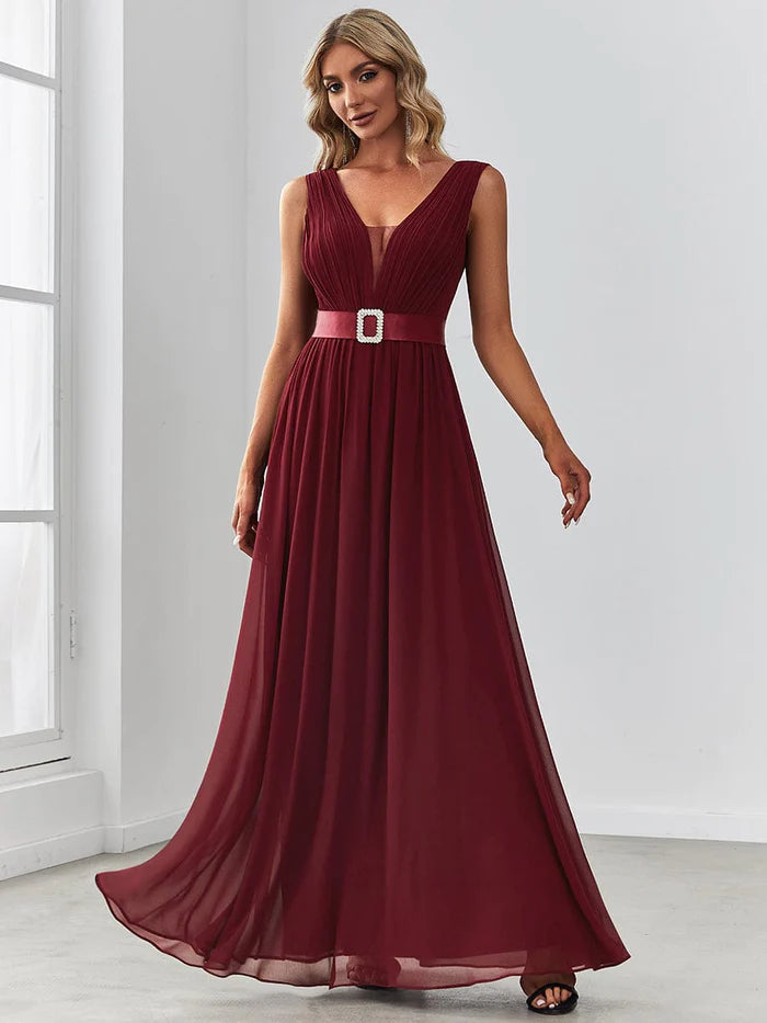 Wholesa Chiffon Pleated Sleeveless Sequin Belt Evening Dress