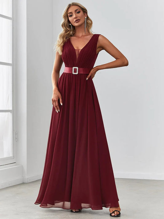 Wholesa Chiffon Pleated Sleeveless Sequin Belt Evening Dress