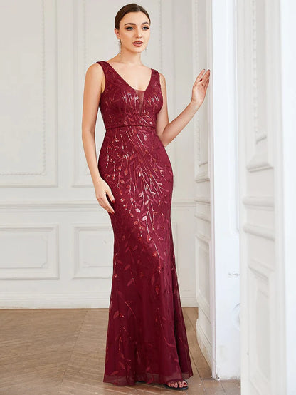 Wholesa Sleeveless V-Neck Sequin Illusion Panel Fishtail Evening Dress