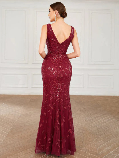 Wholesa Sleeveless V-Neck Sequin Illusion Panel Fishtail Evening Dress