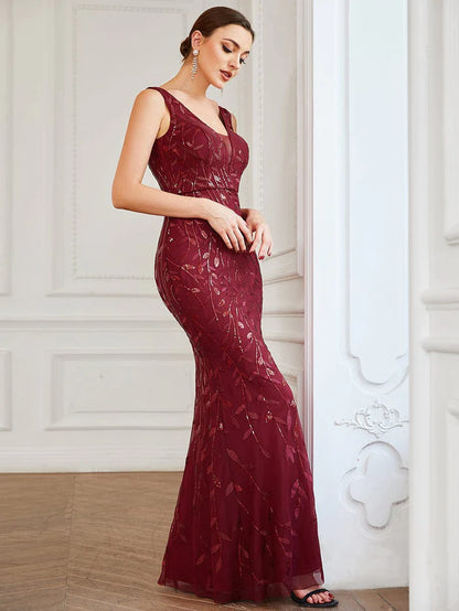 Wholesa Sleeveless V-Neck Sequin Illusion Panel Fishtail Evening Dress