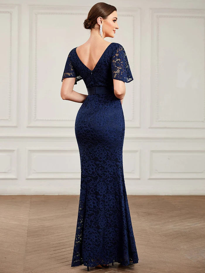 Wholesa All-Over Lace V-Neck Ribbon Waist Bodycon Fishtail Evening Dress