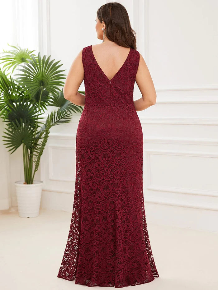 Wholesa Plus Size Pleated Lace Bodycon Sleeveless Floor-Length Evening Dress