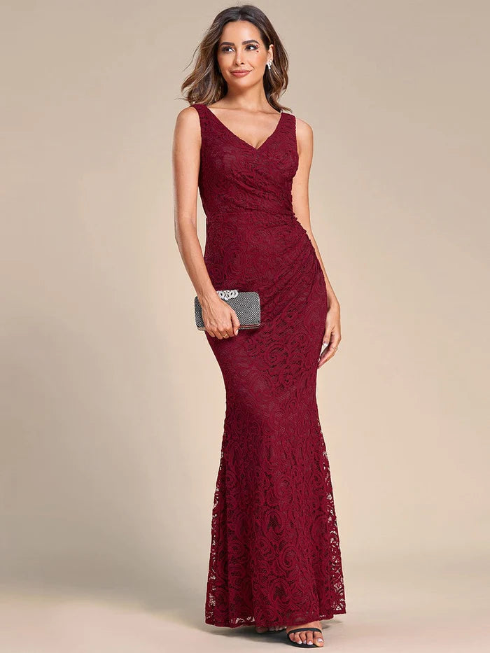 Wholesa Pleated Lace Bodycon Sleeveless Floor-Length Evening Dress