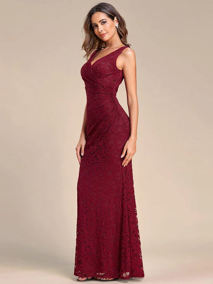 Wholesa Pleated Lace Bodycon Sleeveless Floor-Length Evening Dress