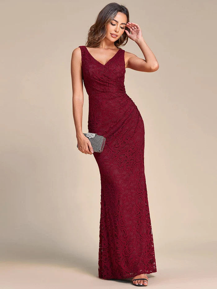 Wholesa Pleated Lace Bodycon Sleeveless Floor-Length Evening Dress