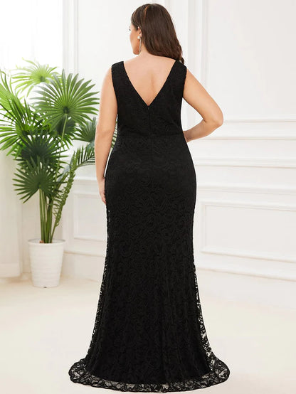 Wholesa Plus Size Pleated Lace Bodycon Sleeveless Floor-Length Evening Dress