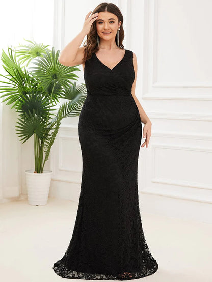 Wholesa Plus Size Pleated Lace Bodycon Sleeveless Floor-Length Evening Dress