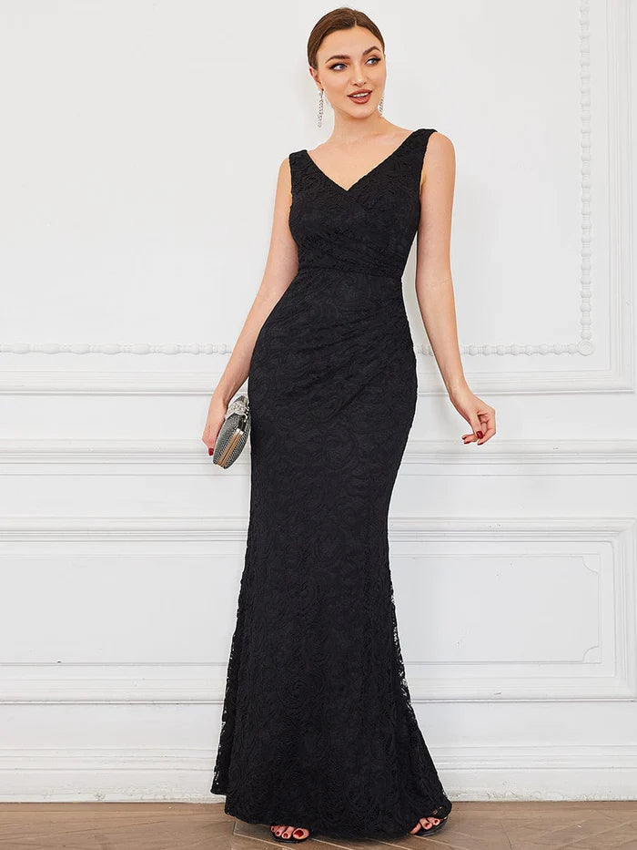 Wholesa Pleated Lace Bodycon Sleeveless Floor-Length Evening Dress