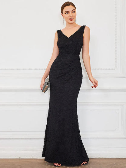 Wholesa Pleated Lace Bodycon Sleeveless Floor-Length Evening Dress