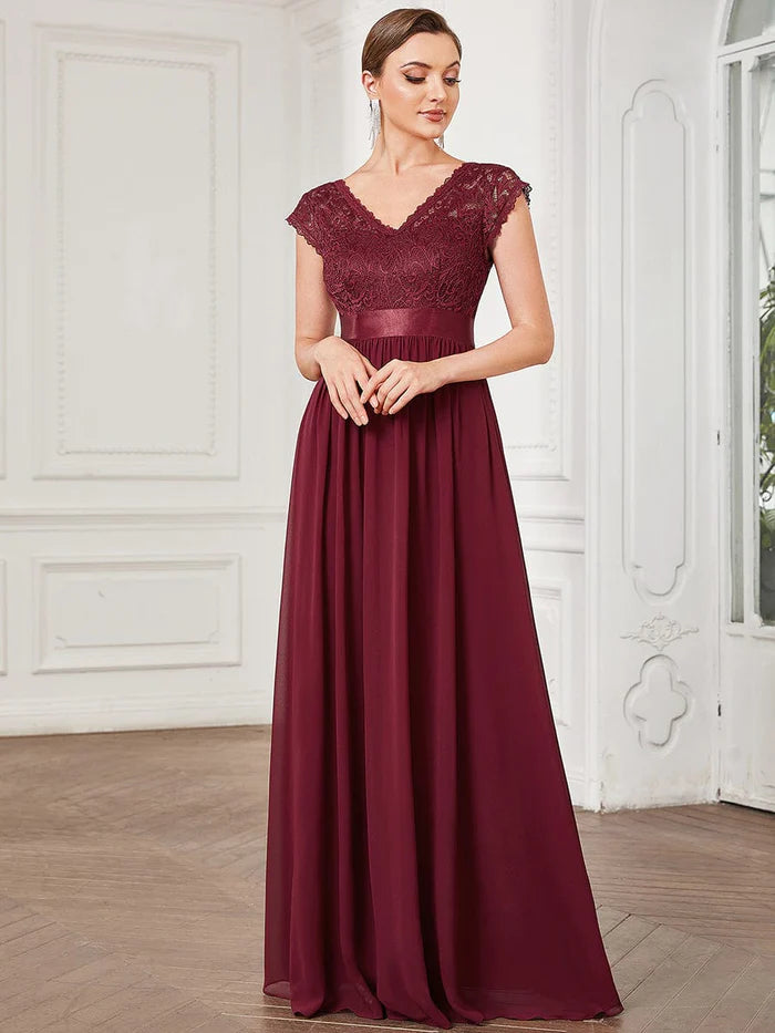 Wholesa Lace V-Neck & Plunging Back Empire Waist Chiffon Evening Dress