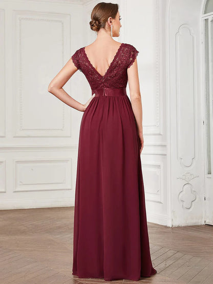 Wholesa Lace V-Neck & Plunging Back Empire Waist Chiffon Evening Dress