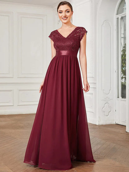 Wholesa Lace V-Neck & Plunging Back Empire Waist Chiffon Evening Dress