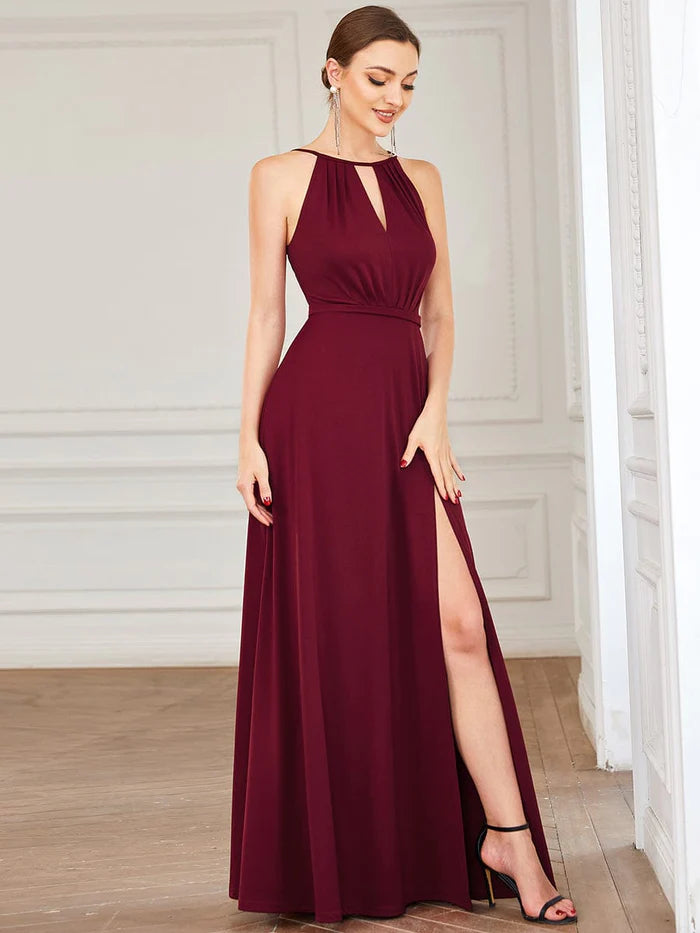 Wholesa High Slit Keyhole Halter Sleeveless Evening Dress