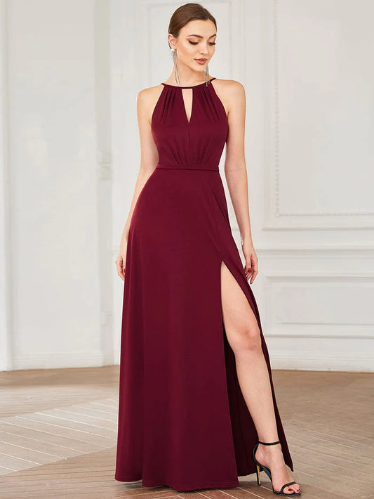 Wholesa High Slit Keyhole Halter Sleeveless Evening Dress