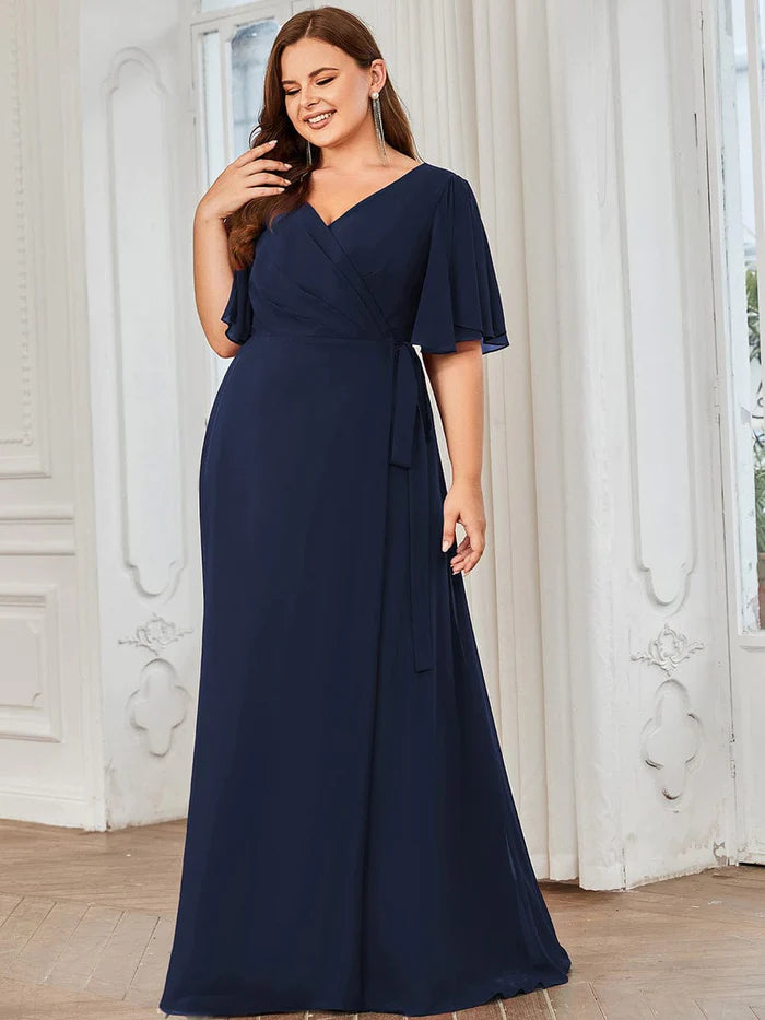 Wholesa Flutter Sleeve Tie Waist High Slit Chiffon Evening Dress