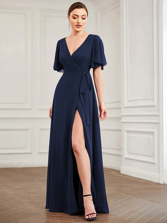 Wholesa Flutter Sleeve Tie Waist High Slit Chiffon Evening Dress