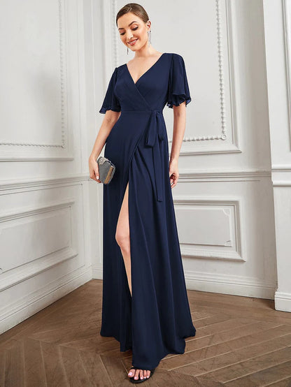 Wholesa Flutter Sleeve Tie Waist High Slit Chiffon Evening Dress