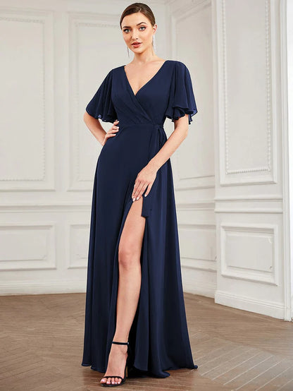 Wholesa Flutter Sleeve Tie Waist High Slit Chiffon Evening Dress