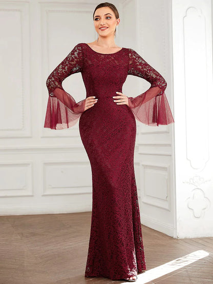 Wholesa Round Collar Tulle Bell Sleeve Lace Bodycon Evening Dress