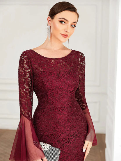 Wholesa Round Collar Tulle Bell Sleeve Lace Bodycon Evening Dress