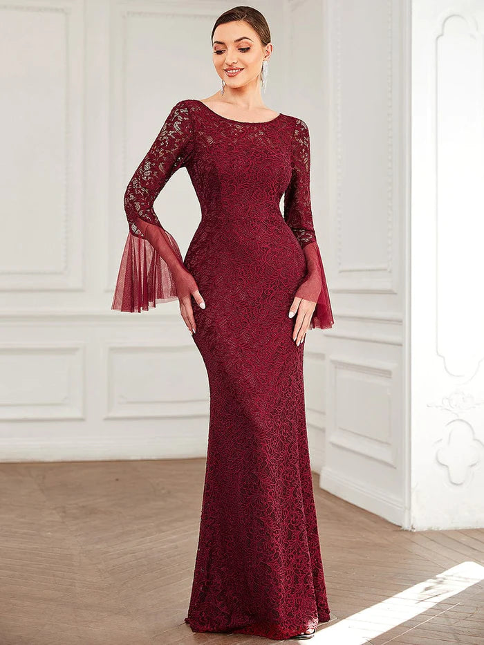 Wholesa Round Collar Tulle Bell Sleeve Lace Bodycon Evening Dress