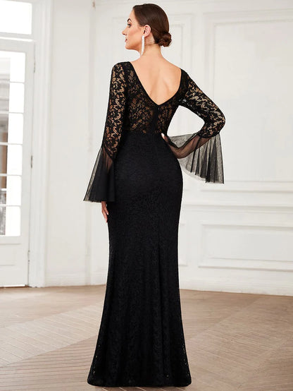 Wholesa Round Collar Tulle Bell Sleeve Lace Bodycon Evening Dress