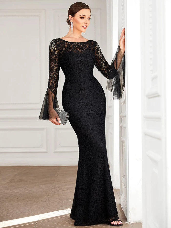 Wholesa Round Collar Tulle Bell Sleeve Lace Bodycon Evening Dress